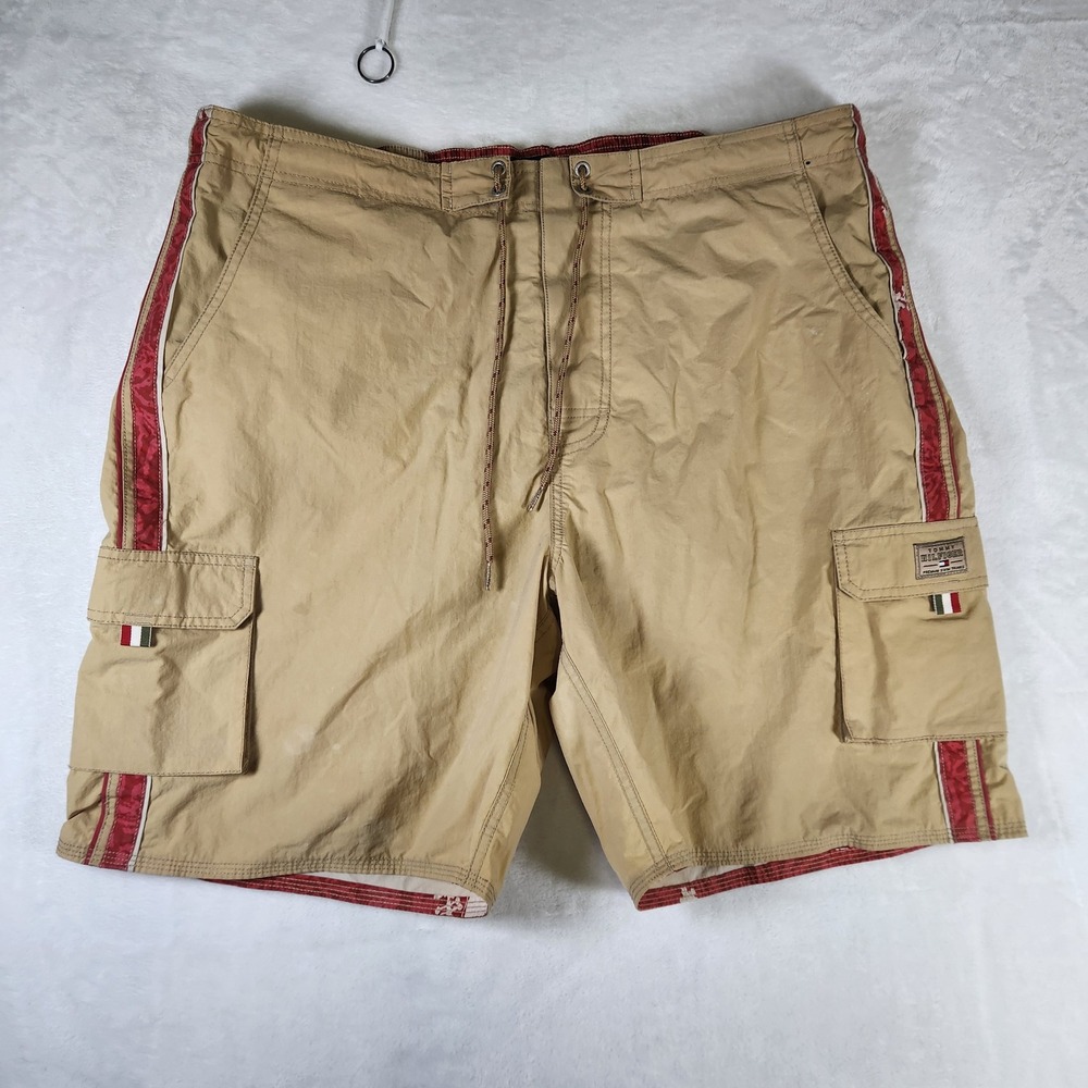 Tommy Hilfiger Men's XXL Tan Cargo Swim‎ Trunks Red Stripe Premium Shorts